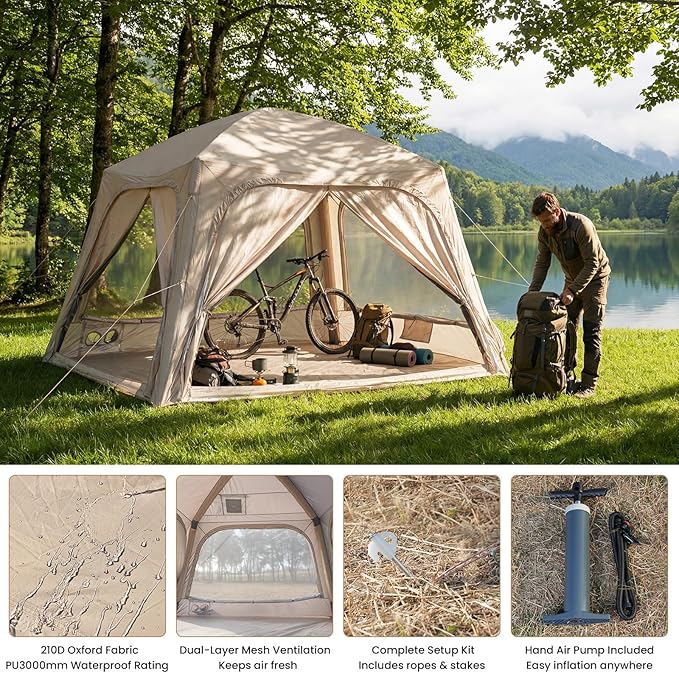 Inflatable Tents for Camping, Large Blow Up Tent with Hand Pump, Easy Setup InflatableTent 4 Season Tent, Waterproof Oxford Air Glamping Tents for Camping Adult 4/6/8/10/12 Person