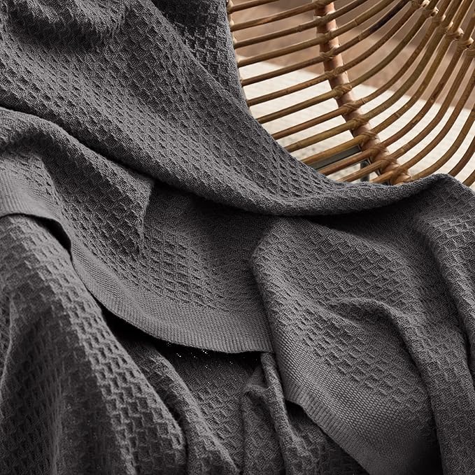 Bedsure Gentlesoft 100% Cotton Large Throw Blanket for Couch 50x70 inches - Breathable and Soft, Waffle Weave Throw Blanket for Office, Dark Grey