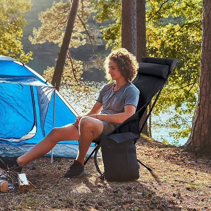Portable High Back Camping Chair, Support Heavy Duty 440 lbs, Compact Folding Backpacking Chair with Detachable Pillow for Camp, Hiking, Backpacking(Black)