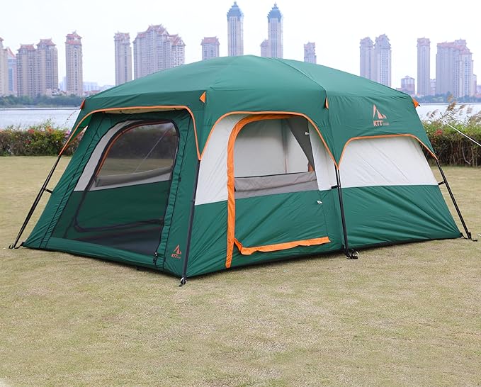 KTT Extra Large Tent 6-10-12-14 Person(Style-B),Family Cabin Tents,2 Rooms,3 Doors and 3 Windows with Mesh,Straight Wall,Waterproof,Double Layer,Big Tent for Outdoor,Picnic,Camping,Family Gathering