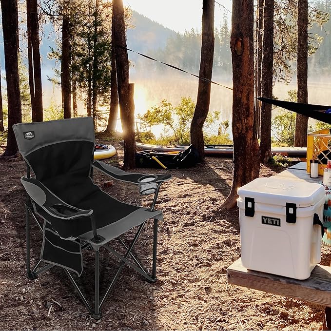 Oversized Folding Camping Chair,Heavy Duty Padded Portable Lawn Chair w/Extra Large Cup Holder,Side Pocket for Adults Outdoor Sports Hiking Beach Garden Picnic,Black