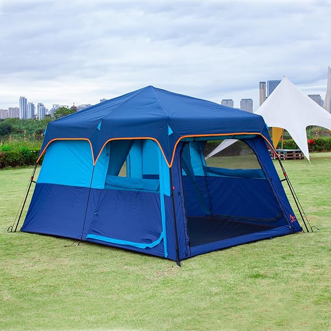 KTT Extra Large Tent 6-10-12-14 Person(A),Family Cabin Tents,2 Rooms,3 Doors and 3 Windows with Mesh,Straight Wall,Waterproof,Double Layer,Big Tent for Outdoor,Picnic,Camping,Family Gathering