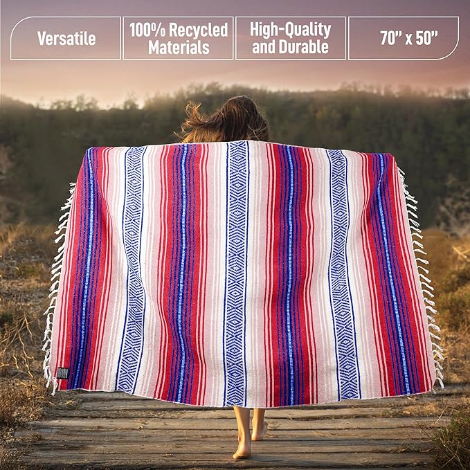 Authentic Mexican Serape Blanket - Soft & Durable - Lightweight Falsa - Coral, 70"x50"