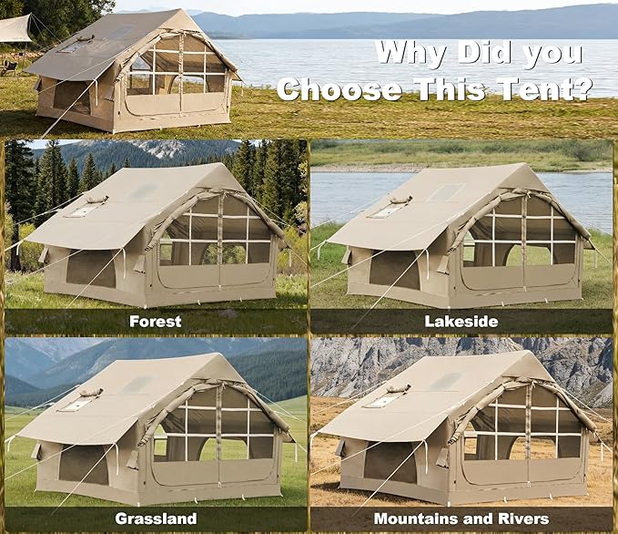Inflatable Tents for Camping with Stove Jack, 2/4/6/8 Person Easy Setup Blow Up Tents for 4 Seasons Waterproof Inflatable Camping Tent with Awning, Air House Glamping Tents for Camping Adult