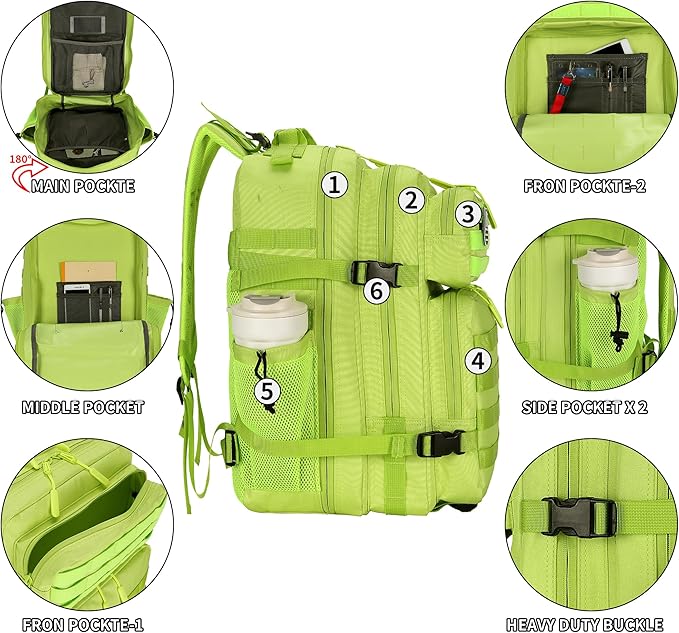 25L/45L Tactical Backpack Military Tactical Backpack Heavy Duty Molle Assault Pack for Work Gym Outdoors (1.0 25L-bright green, Small)