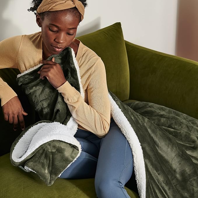 Bedsure GentleSoft Sherpa Fleece Blankets Queen Size for Bed - Thick and Warm, Soft Fuzzy Plush Queen Blanket for Winter, Olive Green, 90x90 Inches