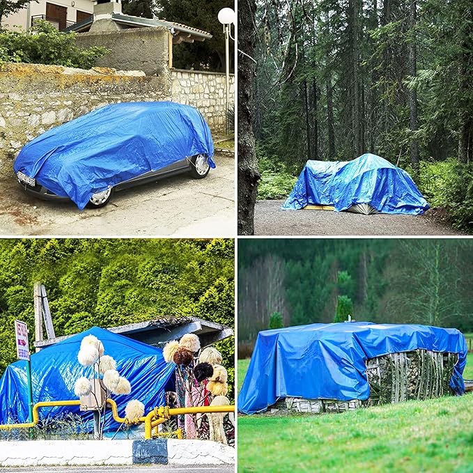 Blue Tarp, Tarps Heavy Duty Waterproof 8x16, Waterproof Plastic Poly 16 Mil Thick Tarpaulin with Metal Grommets Every 19.5 Inches - Emergency Rain Shelter, Outdoor Cover, and Camping Use