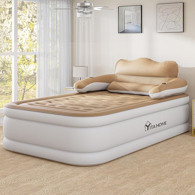 YITAHOME FullXL Size Air Mattress with Headboard, 18in Inflatable with Pillow, Blow Up Mattress with Removable Electric Pump, Comfort Air Bed Queen for Camping & Home, Brown