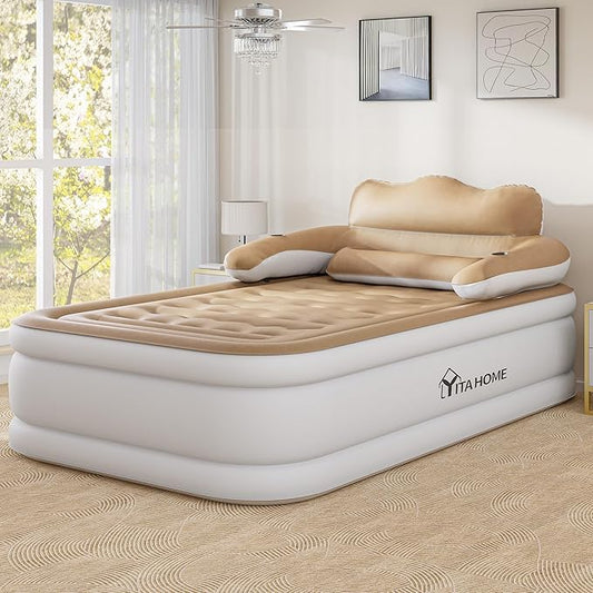 YITAHOME FullXL Size Air Mattress with Headboard, 18in Inflatable with Pillow, Blow Up Mattress with Removable Electric Pump, Comfort Air Bed Queen for Camping & Home, Brown