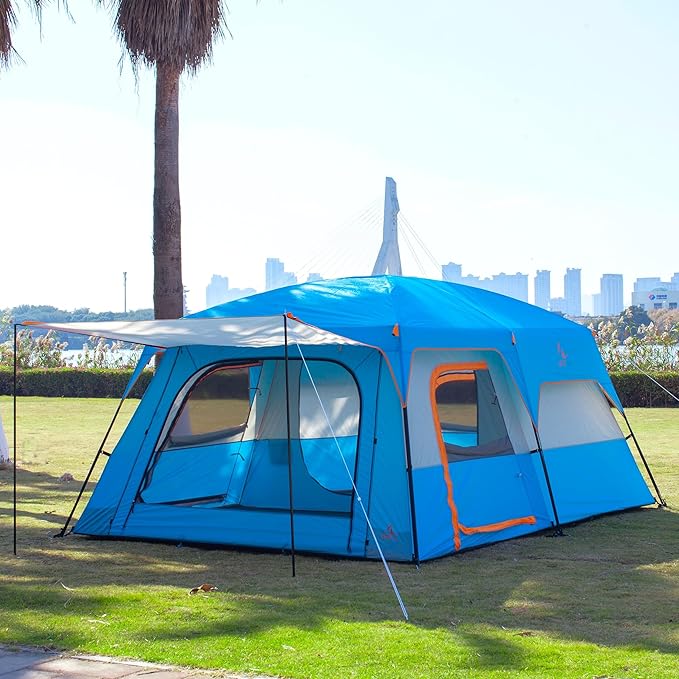 KTT Extra Large Tent 6-10-12-14 Person(B),Family Cabin Tents,2 Rooms,3 Doors and 3 Windows with Mesh,Straight Wall,Waterproof,Double Layer,Big Tent for Outdoor,Picnic,Camping,Family Gathering