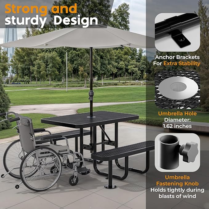 Metal Picnic Furniture for Outdoors with Umbrella Hole - Coated Steel Heavy Duty Commercial Grade Table with Adjustable Seats, Patio Set for a Lifetime (Black, 4' Rectangular)