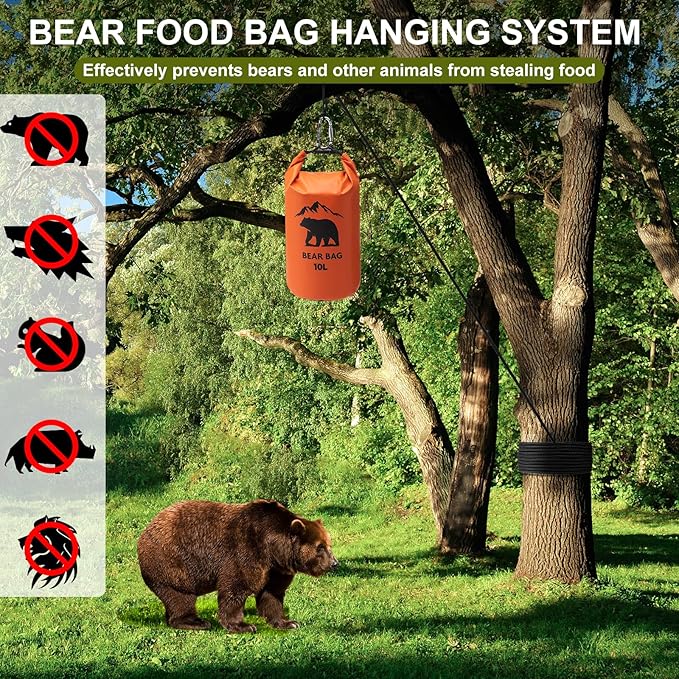 1 Set Bear Bags for Food Backpacking 10L Bear Food Bag Hanging System Bear Proof Food Storage Includes Waterproof Bear Bag, Rock Pouch, Hooks and Nylon Ropes for Camping Hiking (10 L, Orange)