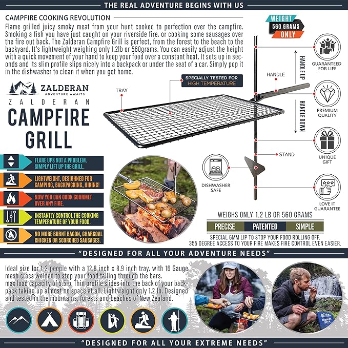 Campfire Grill – Small, Lightweight 304 Stainless Steel Cooking Grate for Camping, Hiking, Backpacking – Portable Campfire Cooking Grill for 1–2 People