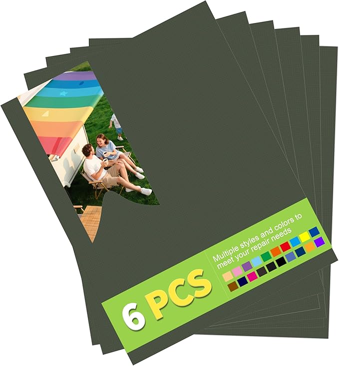 7x9in Nylon Repair Patch，Tent Repair Kit，Self Adhesive Waterproof Fabric Repair Tape for Tent, Umbrella, Sleeping Bag, Down Jackets,Knapsack.（Grayish Green,6ps）