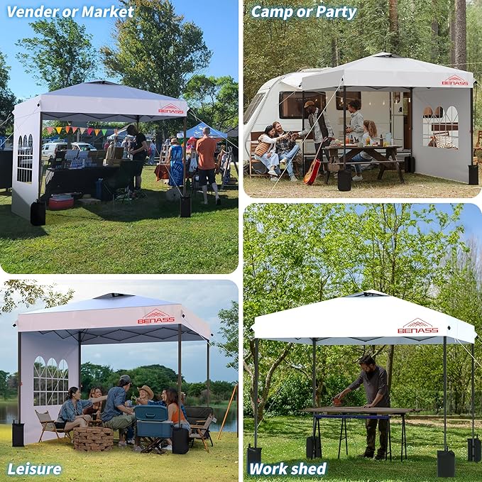 10x10 Pop Up Canopy with 3 Sidewalls, Heavy Duty Tents for Parties, One Person Set Up Event Tent, White