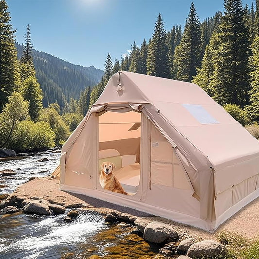 Inflatable Tent, Outdoor Easy Setup Inflatable Tents for Camping, Portable Blow Up Tent with Stove Jack, Cotton Canvas Material for Glamping, for 4 Season, 4/6/8/10 Person Use
