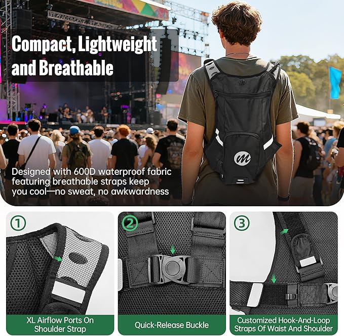 Moman Hydration Backpack with 2L Water Bladder, 600D PU Durable Hiking Backpack, Adjustable Strap & Removable Tool Pouch for Hiking/Running/Cycling/Music Festival/Rave for Men Women