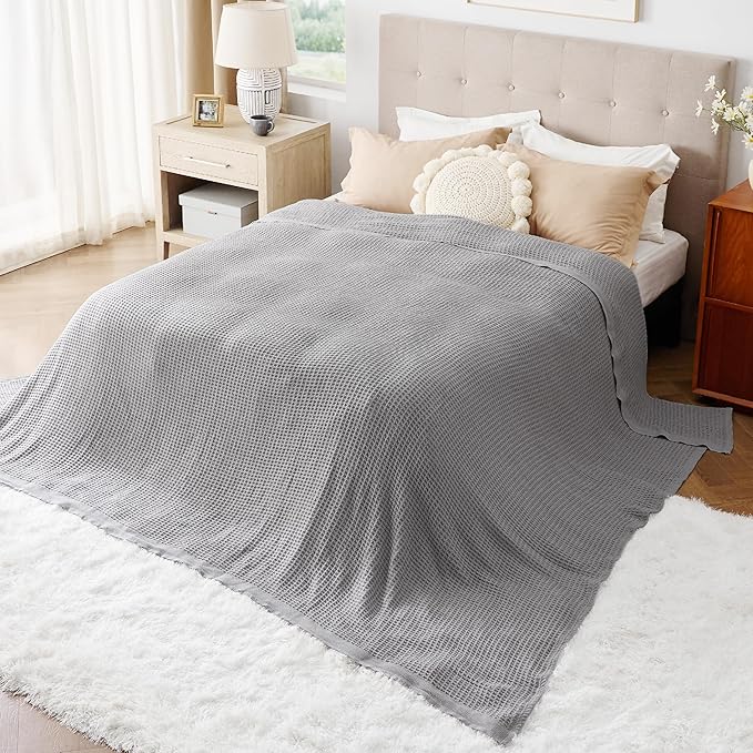 Bedsure Gentlesoft 100% Cotton Large Blanket Oversized King for Bed - Breathable Thick Waffle Weave Blanket for Summer, Couch Cover, Grey, 120x94 inches