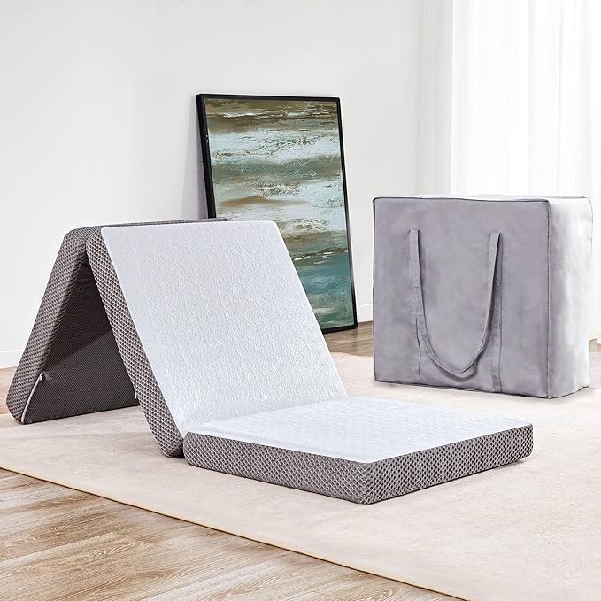 Kingfun Foldable Mattress 4 Inch Folding Mattress Tri-fold Gel Memory Foam Breathable with Storage Bag, Portable Floor Guest Bed Soft for Sleeping Camping, Gray, Full Size