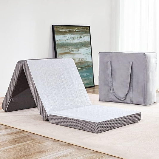 Kingfun Foldable Mattress 4 Inch Folding Mattress Tri-fold Gel Memory Foam Breathable with Storage Bag, Portable Floor Guest Bed Soft for Sleeping Camping, Gray, Single Size