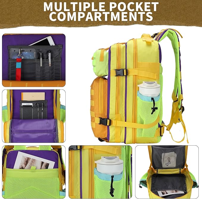 45L Tactical Military Backpack Assault Pack Dopamine Colorblock Molle 3-day Army Rucksack Men Women for Hiking Camping Climbing
