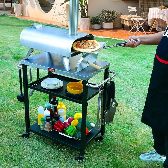 3-Shelf Grill Table,Pizza Oven Stand with Adjustable Shelf, Movable Grill Cart, for Outside,Outdoor Bar Cart with Wheels,Stainless Steel Tabletop,L34xW16.1