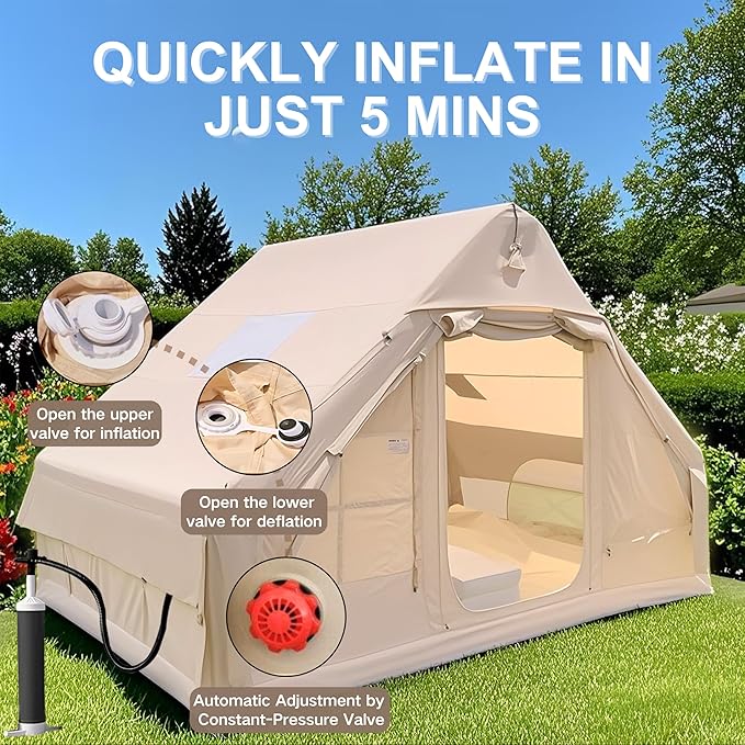 Inflatable Tent, Outdoor Easy Setup Inflatable Tents for Camping, Portable Blow Up Tent with Stove Jack, Cotton Canvas Material for Glamping, for 4 Season, 4/6/8/10 Person Use