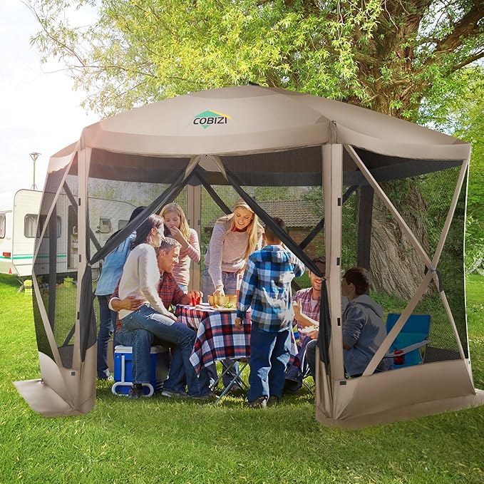 COBIZI 12x12FT Pop Up Gazebo Screen Tent Screen House for Camping, Screen Room with Mosquito Netting, Hub Tent Instant Screened Canopy with Carrying Bag and Ground Stakes, Khaki(Upgraded)