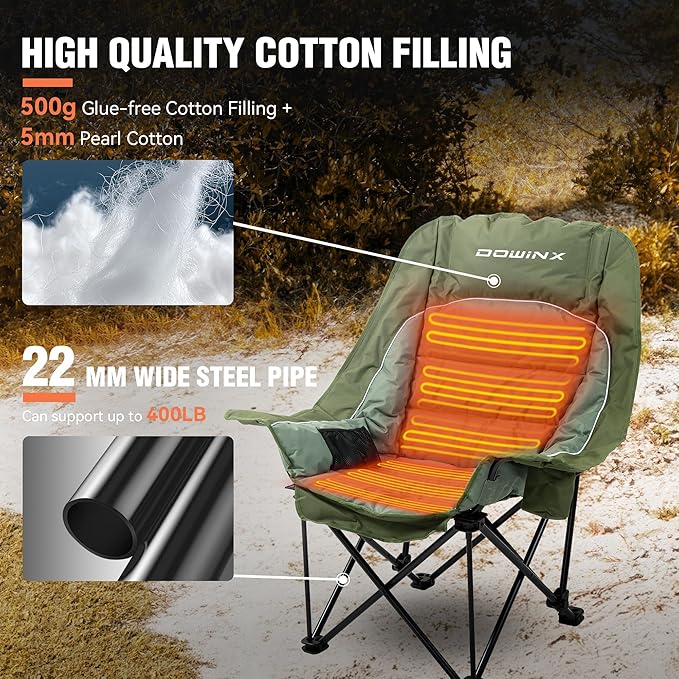 Dowinx Heated Camping Chair for Adults - Oversized Extra Large Folding Chair with Adjustable Padded Seat, Cup Holder, 400 lbs Capacity, Green