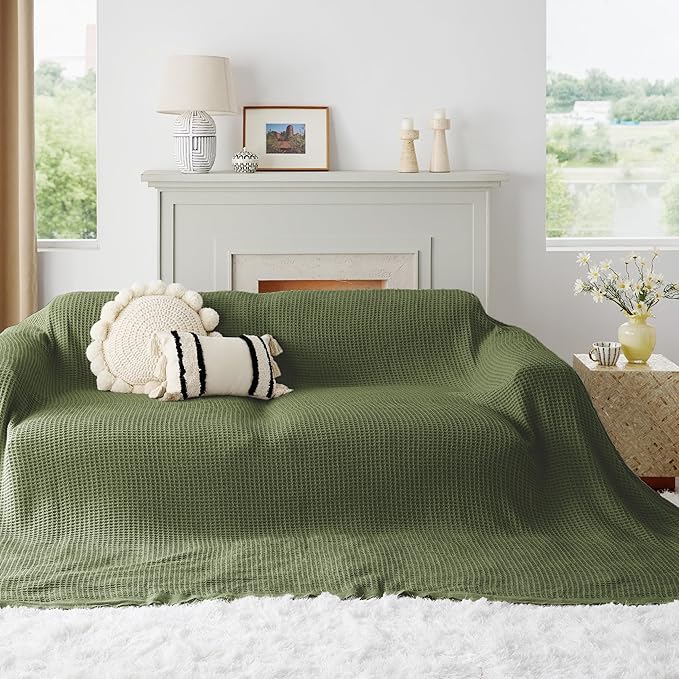 Bedsure Gentlesoft 100% Cotton Large Blanket Oversized King for Bed - Breathable Thick Waffle Weave Blanket for Summer, Couch Cover, Olive Green, 120x94 inches