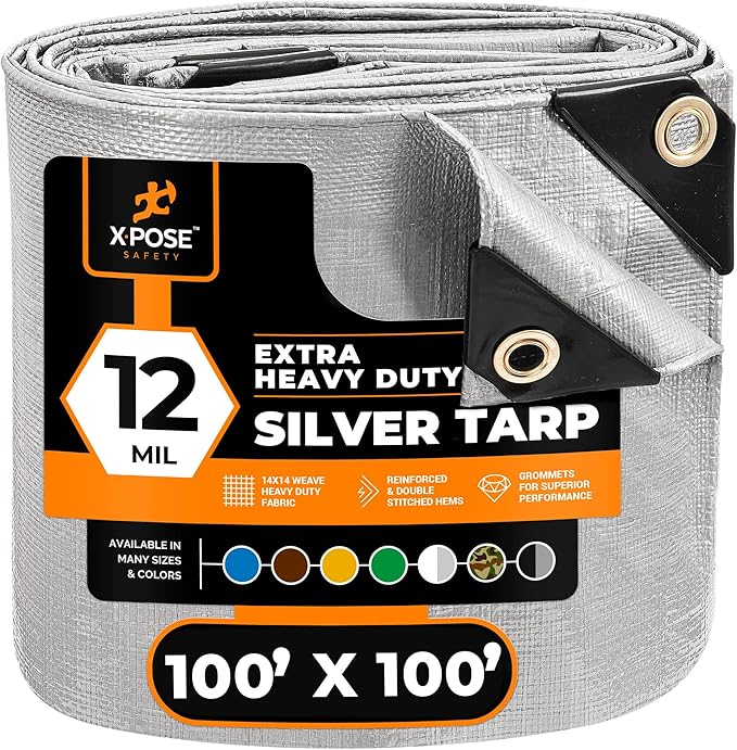 Heavy Duty Silver Poly Tarp 100' X 100' - Multipurpose Protective Cover - Durable, Waterproof, Weather Proof, Rip and Tear Resistant - Extra Thick 12 Mil Polyethylene - by Xpose Safety