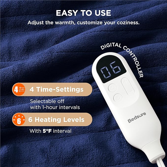 Bedsure Heated Blanket Throw Blanket - Fast Heating Electric Blanket, Soft Flannel Heated Throw with 4 Time Settings, 6 Heating Settings, Warm Gifts for Grandma Granpa (50x60 inches, Pageant Blue)