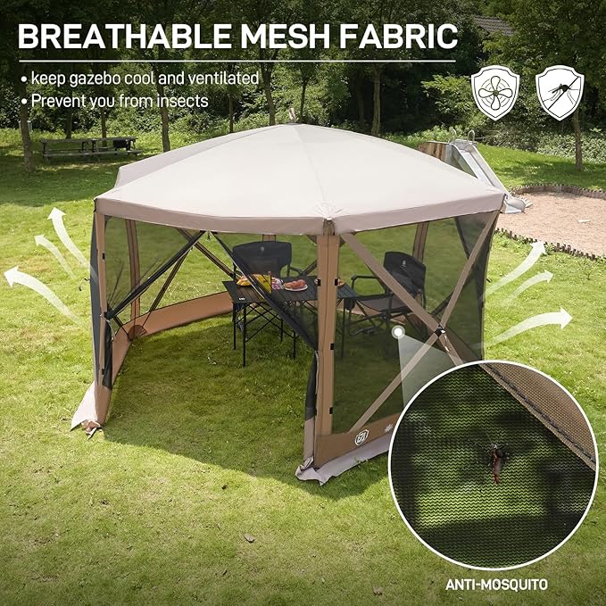 EVER ADVANCED Pop Up Gazebo Screen House Tent for Camping 11.5 ft for 8-10 Person Instant Canopy Shelter with Netting Portable for Outdoor, Backyard, Brown