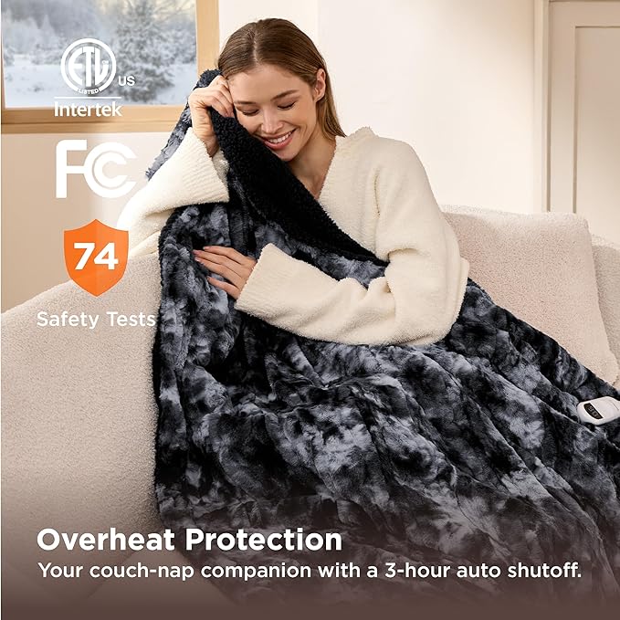 Bedsure Faux Fur Heated Blanket Throw Blanket, Fast Heating Electric Blanket with 6 Heating Levels & 4 Time Settings, Cozy Gifts for Women Men (50x60 inches, Black)