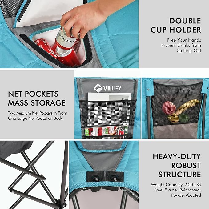 VILLEY Double Camping Chair w/Cooler Bag, Extra Wide Loveseat, Heavy Duty Padded Camping Couch, Portable Folding Chair w/Carry Bag Steel Frame Cup Holders for Camp Lawn Picnic Sports, Support 600LBS
