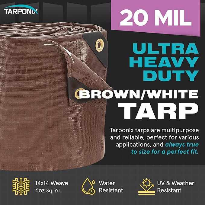9' x 12' Ultra Heavy Duty Tarp – 20 Mil Brown/White Waterproof Outdoor Cover, UV Protection, Reinforced Corners, Ideal for Camping, Tent, and Outdoor Use