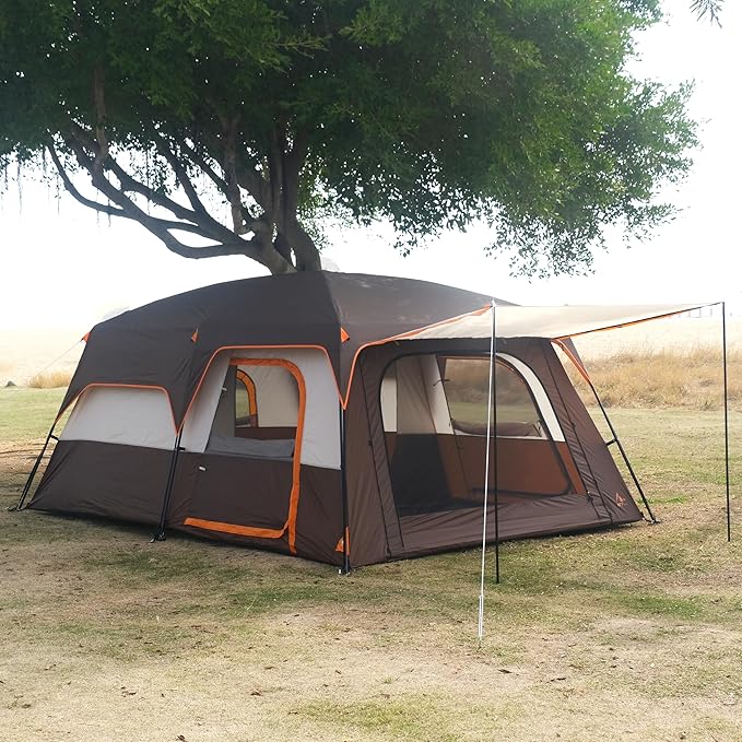 KTT Extra Large Tent 6-10-12-14 Person(Style-B),Family Cabin Tents,2 Rooms,3 Doors and 3 Windows with Mesh,Straight Wall,Waterproof,Double Layer,Big Tent for Outdoor,Picnic,Camping,Family Gathering