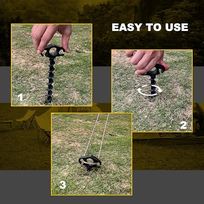 Tent Stakes Ground Anchors Screw in, 16 Pack Sand Stakes for Beach 9.4 Inch Heavy Duty Spiral Tent Pegs for Camping, Party, Hiking, Outdoor Decoration (16, Black)