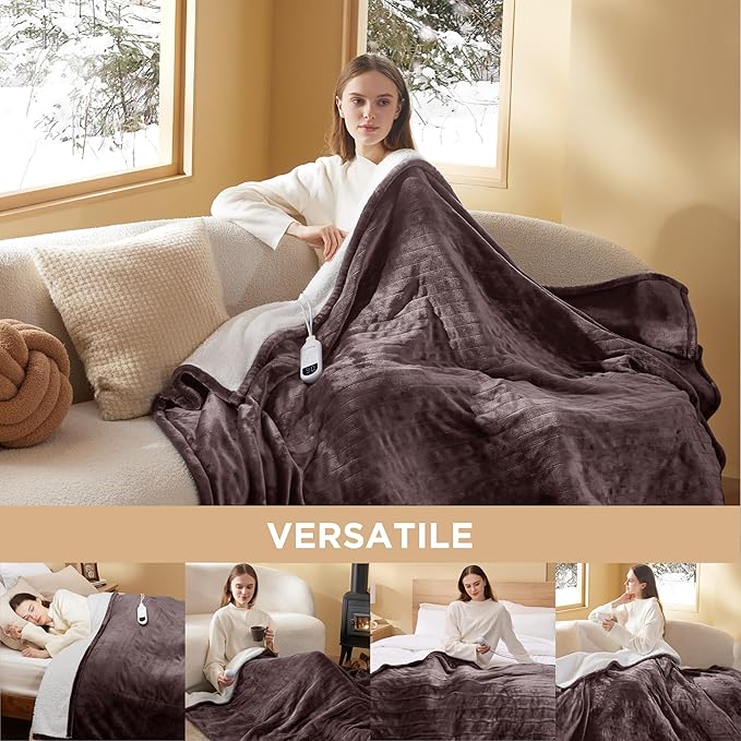 Bedsure Heated Blanket Throw Blanket - Fast Heating Electric Blanket, Soft Flannel Heated Throw with 4 Time Settings, 6 Heating Settings, Warm Gifts for Grandma Granpa (50x60 inches, Brown)