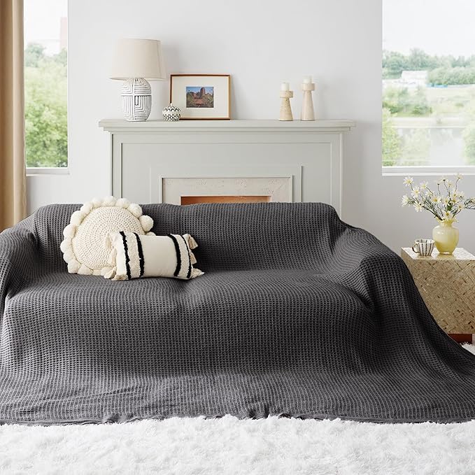 Bedsure Gentlesoft 100% Cotton Large Blanket Oversized King for Bed - Breathable Thick Waffle Weave Blanket for Summer, Couch Cover, Dark Grey, 120x94 inches
