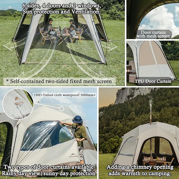 Naturehike Quarter/Hexagonal Camping Tent Canopy Sun Shade,Outdoor Tent for Camping,Fishing,Picnics, Canopy Available with Ground Cloth,Door Curtains, Connector (Door Curtain, Hex)