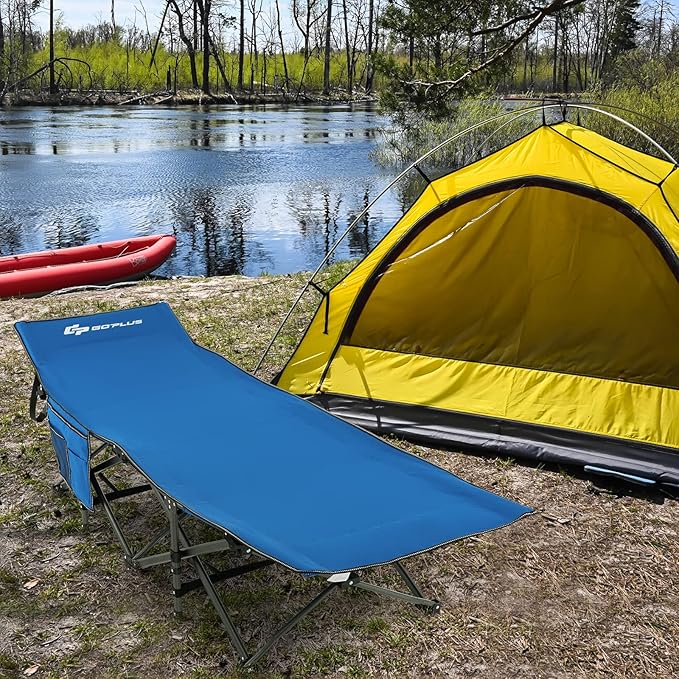 Goplus Folding Camping Cot, 27.5" Sleeping Cot for Adults with Carry Bag, 600LBS Weight Capacity, Slanted Head, Side Pocket, Heavy Duty Portable Camping Bed for Kids, Beach, Office Snap (Blue)