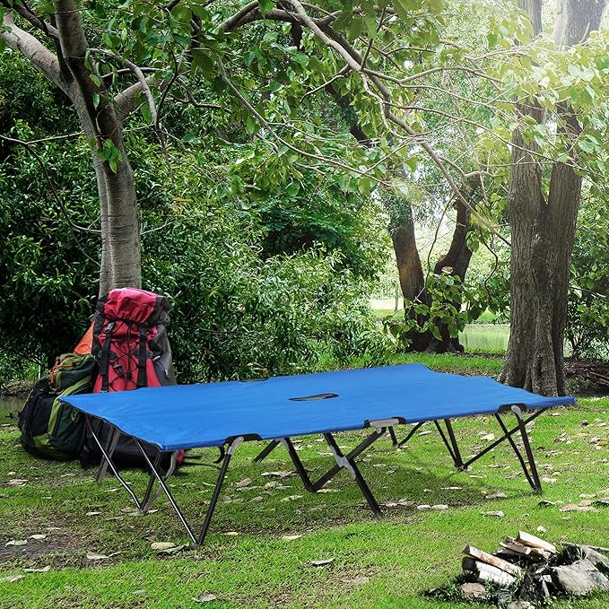 Outsunny 2 Person Folding Camping Cot for Adults, 50" Extra Wide Outdoor Portable Sleeping Cot with Carry Bag, Elevated Camping Bed, Beach Hiking, Blue