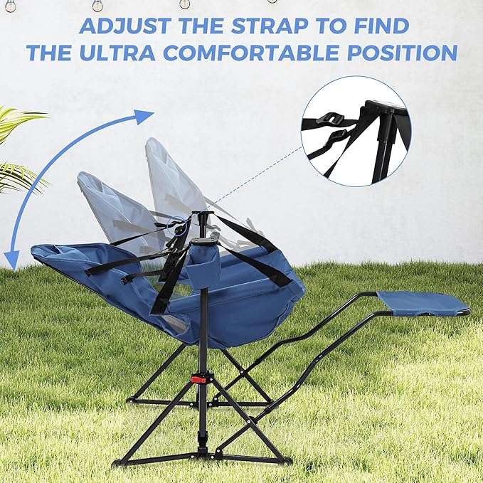 Ainfox Hammock Camping Chair with Footrest, Heavy Duty Foldable Portable Rocking Hammock Chairs Outside Swinging Camp with Cup Holder Pillow for Outdoor Patio Poolside Dark Blue 2 Pack