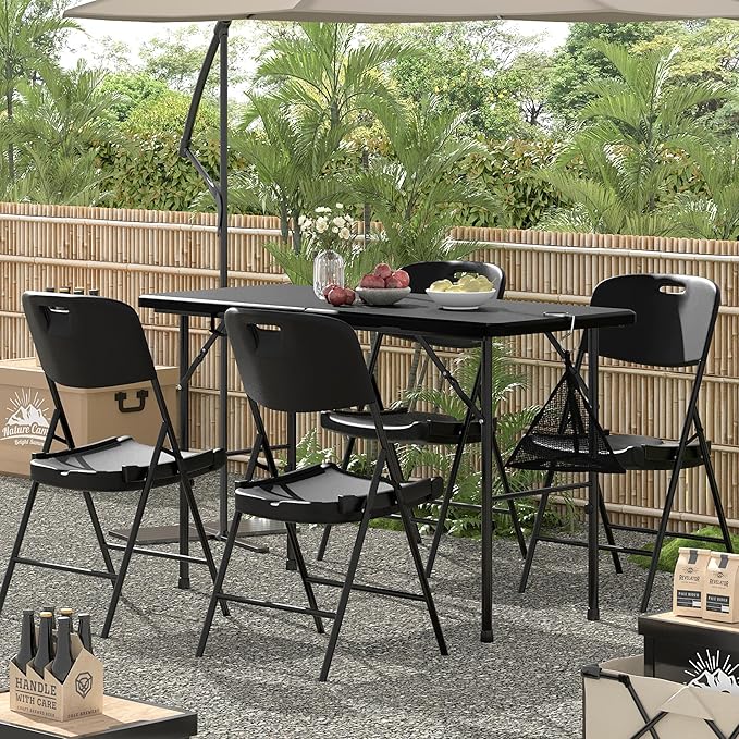 VECELO Folding Table 4 Foot with Mesh Bag, Indoor Outdoor Heavy-Duty Portable w/Handle,Fold-in-Half for Picnic, Party, Camping, Matte Black