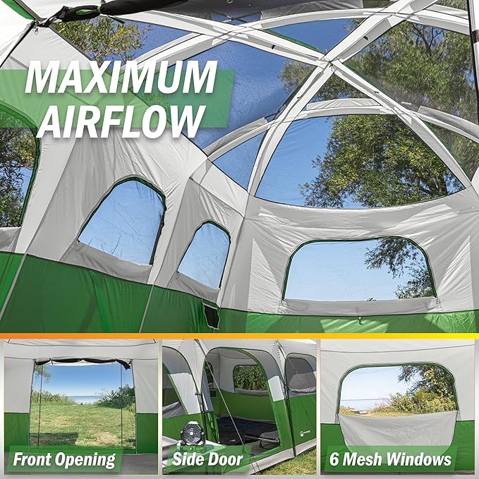 10-12 Person Large Camping Tent – Tall Family Cabin Outdoor Shelter with Room Divider, Mesh Windows, Water-Resistant Rainfly and Carry Bag for Camping and Outdoor Adventures – Wakeman Outdoors