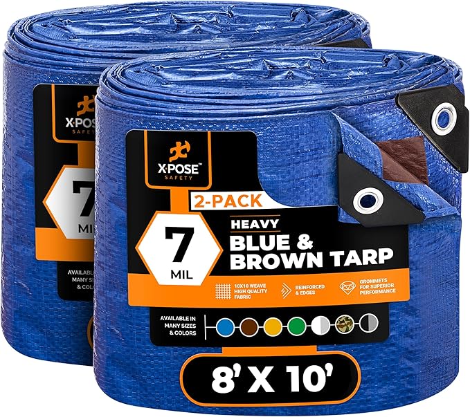 Xpose Safety 8’ x 10’ (2-Pack) Heavy Blue/Brown Tarp Waterproof - 7 Mil Weatherproof Camping Tarp for Tent, Rain, Wind & Sun Plastic Tarpaulin Cover Outdoor for Roof, Trailer, RV, Car, Boat