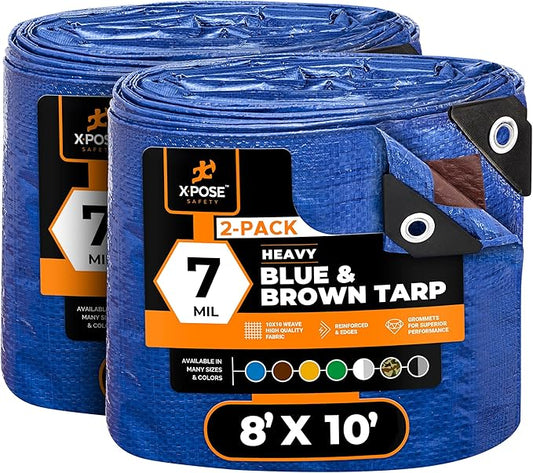 Xpose Safety 8’ x 10’ (2-Pack) Heavy Blue/Brown Tarp Waterproof - 7 Mil Weatherproof Camping Tarp for Tent, Rain, Wind & Sun Plastic Tarpaulin Cover Outdoor for Roof, Trailer, RV, Car, Boat