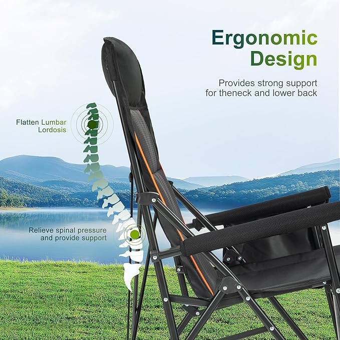 ALPHA CAMP Oversized Folding Camping Chairs for Adults High Backrest Heavy Duty Lawn Chairs Support 500 LBS Portable Camp Chairs with Cup Holders Large Side Pocket Outdoor Chair 2 Pack