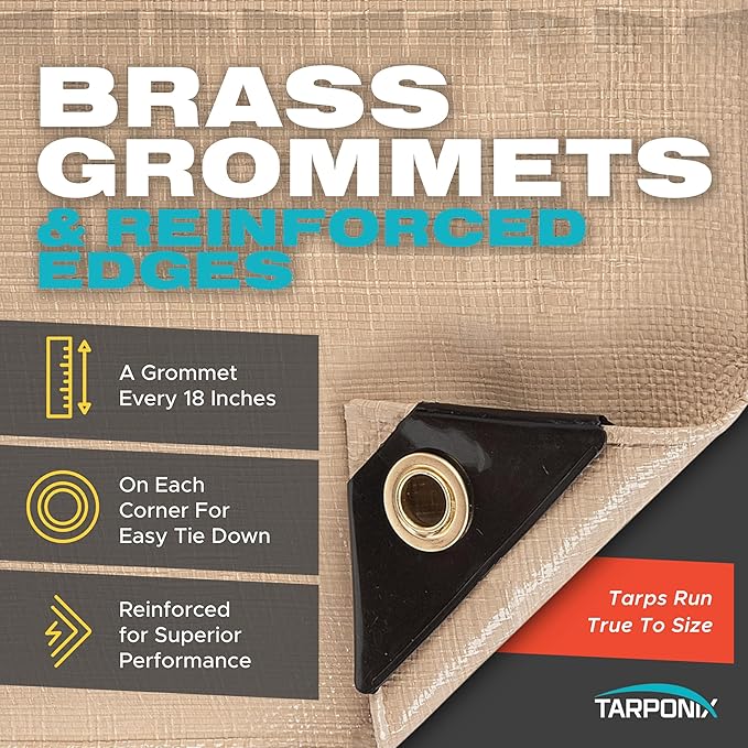 8' x 10' Extra Heavy-Duty Tan Poly Tarp – 12 Mil Thick, Waterproof, UV-Resistant Polyethylene with Reinforced Edges, Double-Stitched Hems, and Rustproof Grommets